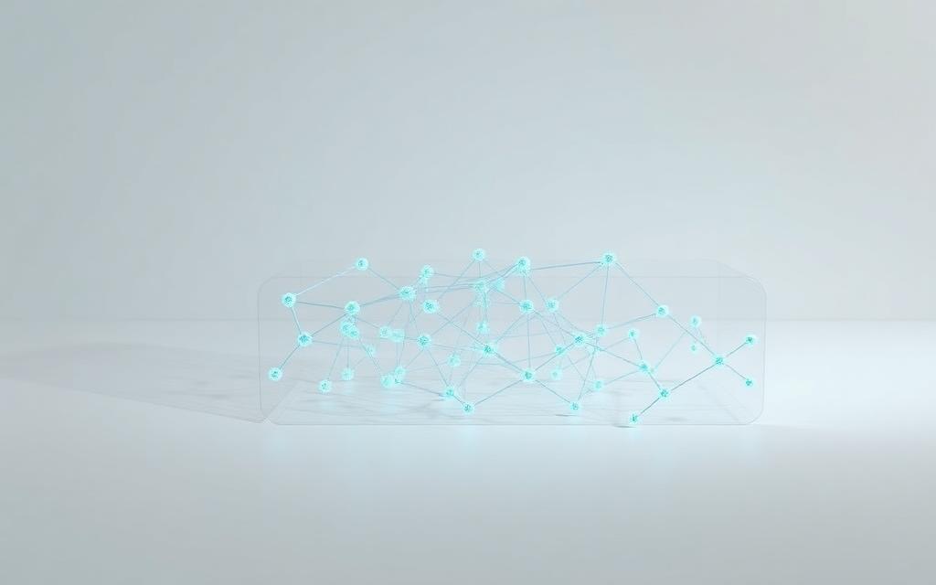 Abstract glass neural network model with glowing nodes