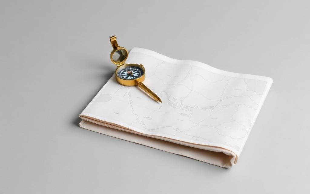 Brass compass resting on a folded map
