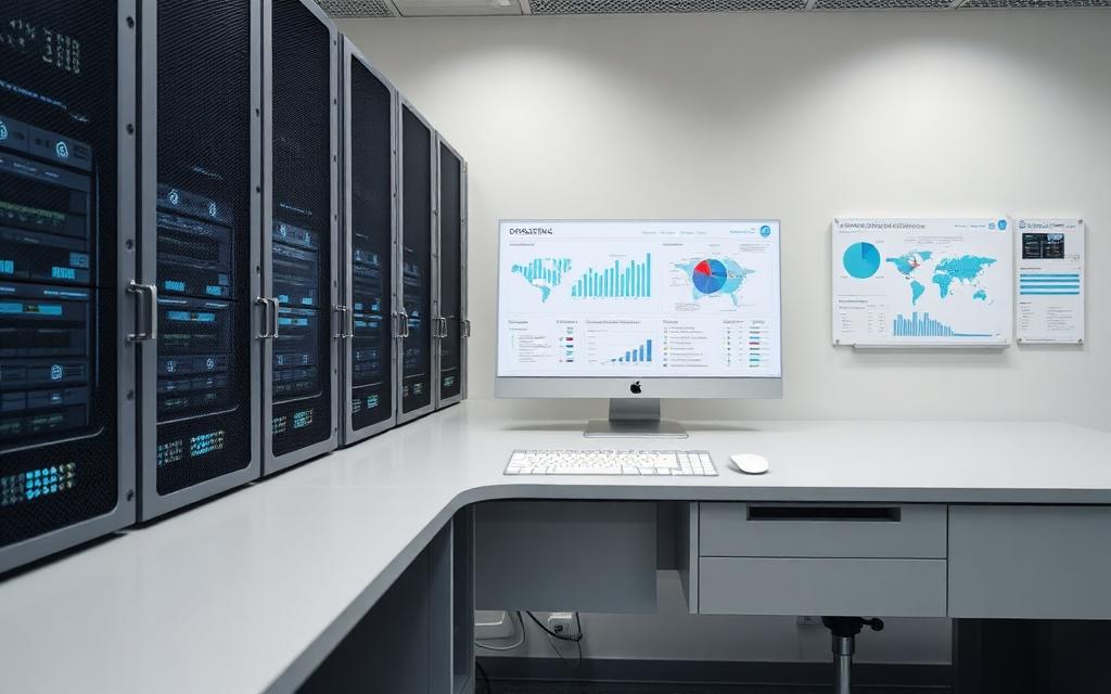 Server racks beside an operations dashboard display