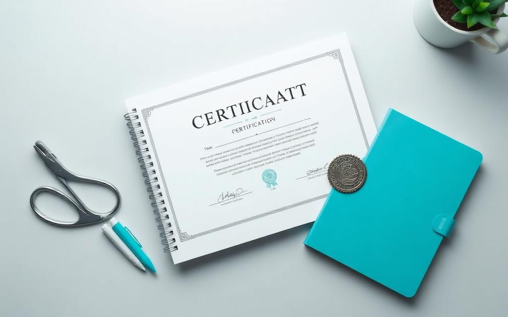 Certification document with seal beside study notebooks