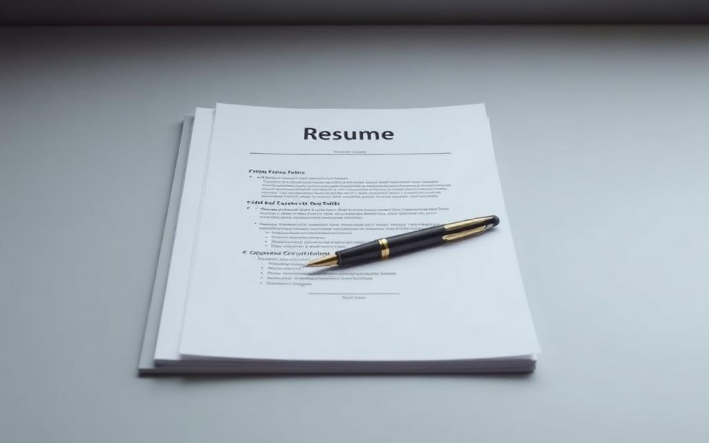 Printed executive resume pages with a pen on a light desk
